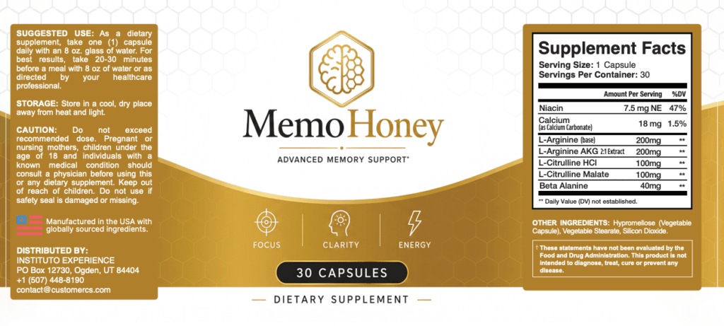 MemoHoney Supplement Facts — Niacin 7.5mg, Calcium 18mg, L-Arginine 200mg, L-Arginine AKG 200mg, L-Citrulline HCl 100mg, L-Citrulline Malate 100mg, Beta-Alanine 40mg